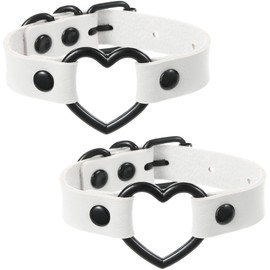 FM FM42 White PU Simulated Leather Black Love Heart O Ring Adjustable Buckle Bracelet, Pack of 2 PCs