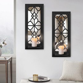 Large Size Wood Wall Sconce Candle Holder Set 2, Rustic Wall-Mount Candle Holders, Farmhouse Hanging Wall Décor, Carved Wood Frame, Mirrored Candle Holder