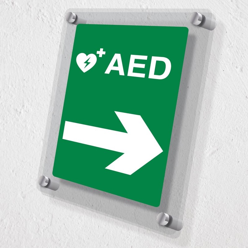 V Safety AED Arrow Right Automated External Defibrillator Acrylic Sign