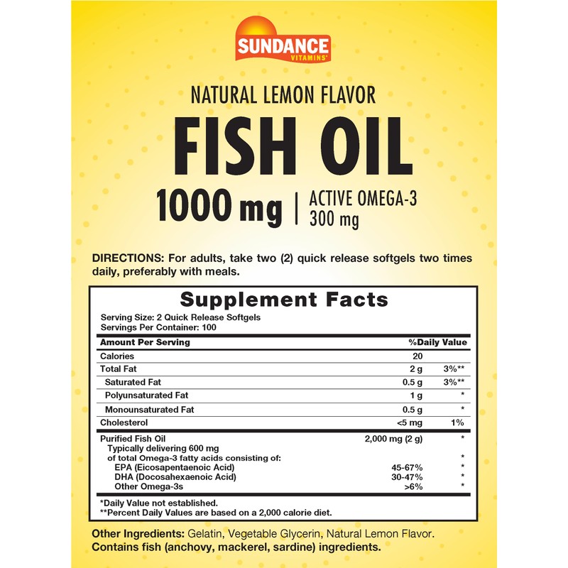 Sundance Fish Oil Softgels 1000mg with Active Omega-3 | 200