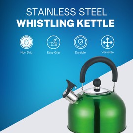 Premium Stainless Steel Whistling Kettle | 10 Colors | Stove top | Non-Drip Pouring Spout | Cool Touch Handle | Whistling Spout | 2.5L Capacity (Metallic Green)