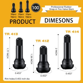 Frienda 100 Pcs Tire Valve Stems TR412 TR413 TR414 Rubber Black Snap-in Valve Stems Standard Length Replacement for Car Tubeless Rim Holes