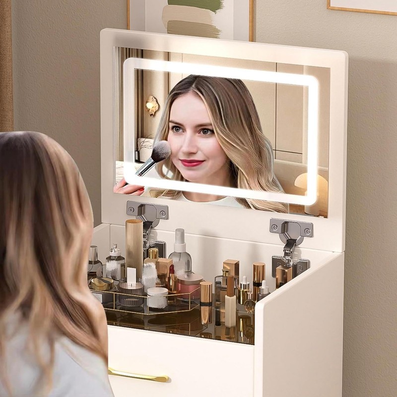 SonkYog Vanity Desk & Nightstand Combo - Flip Top Mirror,