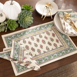 Elrene Home Fashions Nomad Harvest Block Print Fall/Thanksgiving Cloth Dining Rectangle Placemats, 13"x19", Set of 4