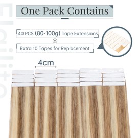 Elailite 40 Pcs Hair Extensions Real Human Hair Tape in Straight - Seamless Skin Weft Remy Hair Extension (#12/613 Golden Brown Mix Bleach Blonde, 16 Inch-100g)