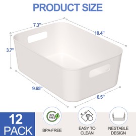 Afromy Plastic Storage Bins, 12-Pack Organizer Baskets, White