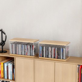 ihomecooker 2Pack Stackable Wood Acrylic CD Holder Desk Rack Organizer Holds up to 60 CD Jewel Cases Media Storage Rack for Movie & Video Games Collections (Natural Wood, Short)