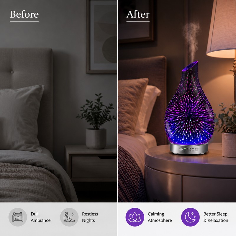 Ultrasonic Essential Oil Diffuser for Bedroom Ambiance – 3D Glass