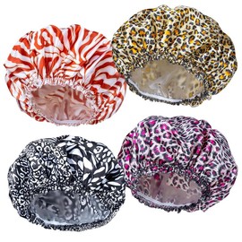 Shower Caps for Women, 4 PCS Elastic and Reusable Bath Caps, Double Waterproof Layers Shower Cap, Bathing Shower Caps, Protection Hair Bath Hat - Color: Printed Color 4 PCS/Set