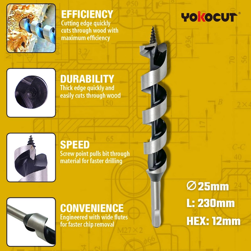 YOKOCUT Auger Drill Bit For Wood, Hex Shank Ship Auger