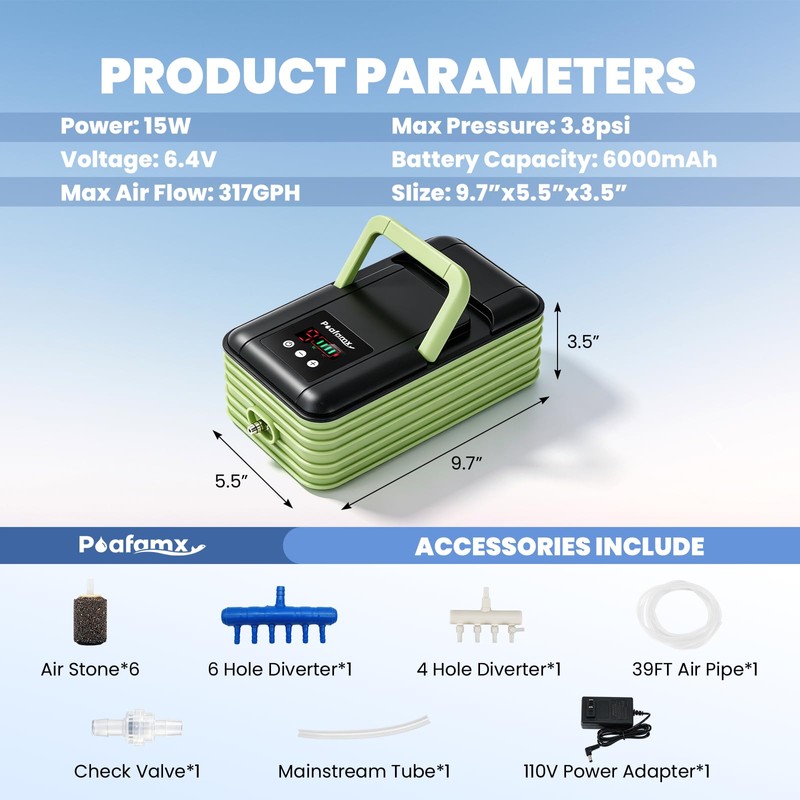 Poafamx Rechargeable Aquarium Pond Air Pump, Quiet 15W Oxygen Aerator
