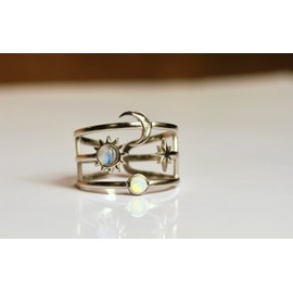 Ring Mondstein Opalite Mond Sonne Sterne himmlischer Astrologie Schmuck silber