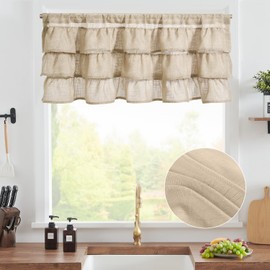 TOPICK Taupe Net Ruffled Kitchen Curtains 18 Inch Drop Small Cafe Curtains Shabby Chic Style Decor Sheer Curtain Valance for Bathroom Sink Living Room Half Window Rod Pocket 1 Panel