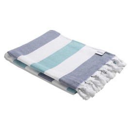 InfuseZen Terry Cloth Lined Turkish Bath & Beach Towel – Striped Design - 100% Organic Turkish Cotton - Soft, Lightweight, Absorbent Peshtemal - Quick Dry for Beach, Bath, Throw, Travel - Navy/Aqua