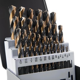 KENDO 29PC Drill Bit Set, 1/16"-1/2" Size 135° Tip HSS with Black and Gold Finish with Storage Case, Twist Jobber Length Drill Bit Kit for Cast Iron, Hardened Metal, Stainless Steel, Plastic and Wood