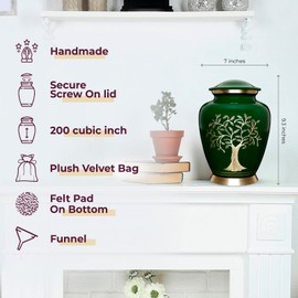 Trupoint Memorials Cremation Urns for Human Ashes, Tree of Life Decorative Burial Urn for Adult Men and Women, Large Dark Green