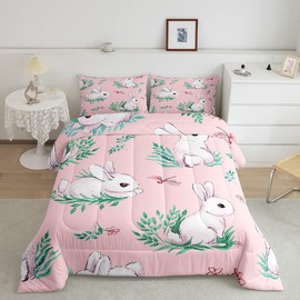 Feelyou Cute Rabbit Comforter Cartoon Bunny Dragonfly Comforter Set for Kids Boys Girls Branches Rabbit Decor Bedding Set Girly Pink Quilt Collection 2Pcs Twin Size Boys
