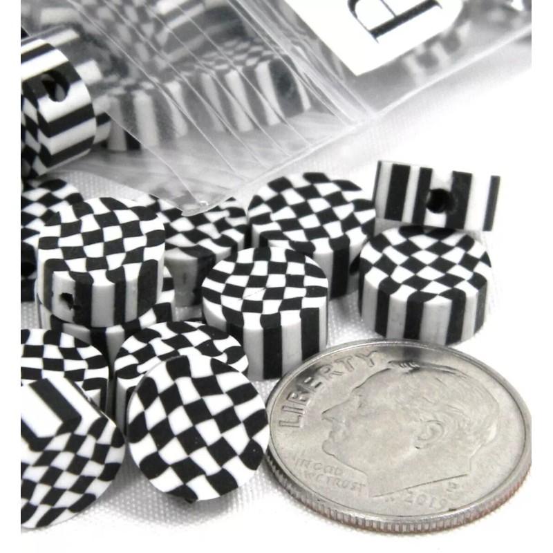 Bedazzlinbeads 8 Black & White 8mm Round Checkered Flag Flat