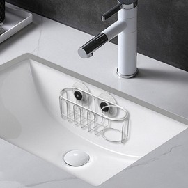 WSOQYYEO No-Drill Sink Caddy Organizer with Suction Cups, 7.87 Inch Stainless Steel Sponge Holder for Kitchen Sink, Brushed Nickel Brush and Scrubber Storage Rack, Silver