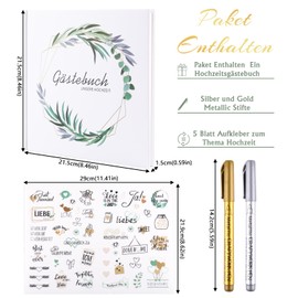 Wedding Book White, 21 x 21 cm Guest Book Wedding Eucalyptus Blank 100 Pages, Wedding Guest Book with Stickers and Metallic Pens, Vintage Wedding Guest Book, Photo Book Anniversaries, Christening Gift