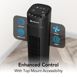 Comfort Zone 36” Tower Fan with Remote Control for Home, 60 Degree Oscillation, 3 Speeds, 12H Timer, Carry Handle, Black