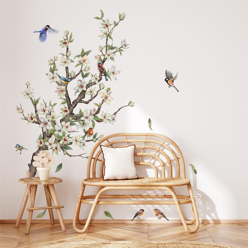 Wall Sticker White Blossom Flower Wall Sticker Birds on Tree