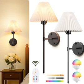 Wireless Wall Sconces Set of 2, Pleated Shades Battery Operated Wall Lights with Rechargeable Magnetic Bulbs and Remote, Dimmable&15 RGB Colors Wall Lamps for Bedroom Living Room Hallway Decor, Black