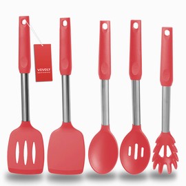 Silicone Spatula and Cooking Spoon,5 Pack Non-Stick Cooking Utensils for Kitchen，Heat Resistant Solid & Slotted Spoons and Spatulas, Stainless Steel Handle Coated with Silicone,Red
