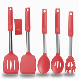 Silicone Spatula and Cooking Spoon,5 Pack Non-Stick Cooking Utensils for Kitchen，Heat Resistant Solid & Slotted Spoons and Spatulas, Stainless Steel Handle Coated with Silicone,Red
