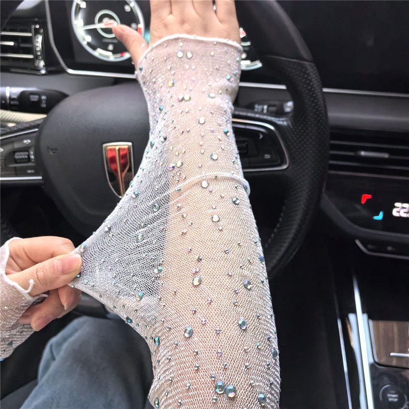 Gloritmo Women's Long Fingerless Sheer Gloves Rhinestone Elbow Length Mesh