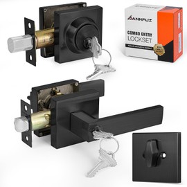 ANNFUZ Keyed Alike Combo Set Entry Door Lever Lock Set with Same Keys & Single Cylinder Deadbolt,Heavy Duty Square Door Handle Lockset,for Front Door, Bedroom & Office,Matte Black