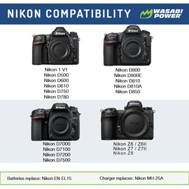 Wasabi Power Battery (2-Pack) for Nikon EN-EL15, EN-EL15a, EN-EL15b, EN-EL15c & D500, D600, D610, D750, D780, D800, D800E, D810, D810A, D850, D7000, D7100, D7200, D7500, Z5, Z6, Z6II, Z7, Z8, 1 V1