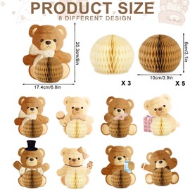 JarThenaAMCS 8Pcs Bear Honeycomb Centerpiece Baby Shower Table Decoration Centerpiece 8 Designs Brown Paper Honeycomb Balls for Wedding Birthday Party Decor