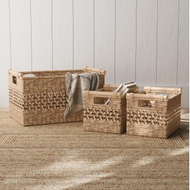 Water Hyacinth Storage Baskets - Set of 3 Woven Decorative Baskets, Multi-sized Organizers for Household Storage, Home Office, Pantry, Kitchen, Laundry, More, with Handles and Wood Accents, Natural