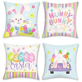 Bonhause Happy Easter Cushion Covers 45 x 45 cm Hunny Bunny Easter Eggs Carrots Decorative Throw Pillow Covers for Sofa Couch Bed Home Garden Spring Easter Decor Set of 4