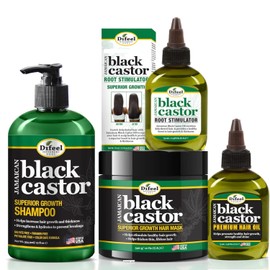 Difeel Jamaican Black Castor Superior Growth Juego de tratamiento para el cabello de 4 piezas - Incluye champú de 12 oz, mascarilla para el cabello de 12 oz, 2.5 oz. Estimulador de raíces y 2.5 oz. Aceite para cabello