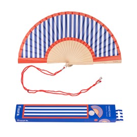 Fisura Blue and Red Striped Wooden Hand Held Fan Trendy Modern Accessory Portable Handheld Fan with Handy Hanger Perfect for Hot Days. Dimensions: 42.5 x 23 cm