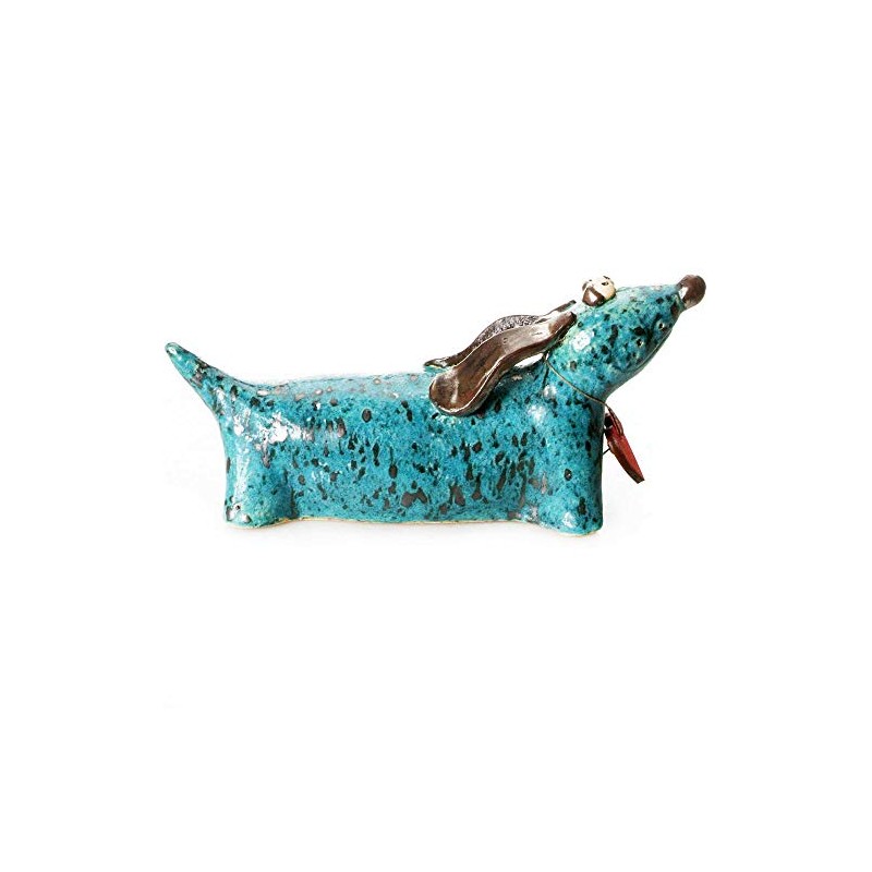 Enigma Supplies Ceramic Dachshund Statue in Teal with Wooden Heart