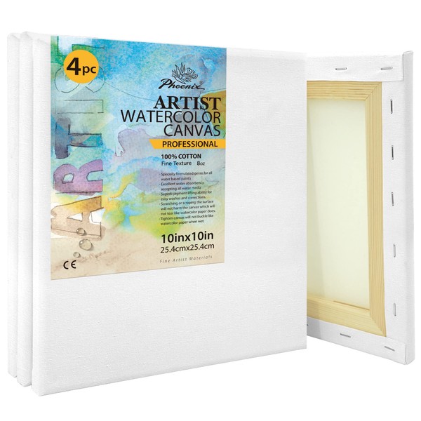 PHOENIX Watercolor Stretched Canvases, 10x10 Inch/4 Pack - 8 Oz, 3/4 Inch Profile, 100% Cotton Triple Primed White Blank Canvases for Watercolor, Acrylic, Gouache, Tempera, Crafts & Pouring Art