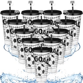 Domensi 12 Pcs Soccer Plastic Tumbler with Lid and Straw 24oz Reusable Plastic Cups with Soccer Ball Straw Cover Caps Soccer Gifts for Fan Friend Guest Birthday Office Sport Party Supplies