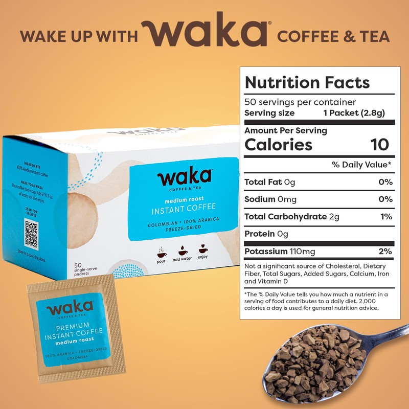 Waka Instant Coffee, Medium Roast - 100% Arabica Colombian Beans,