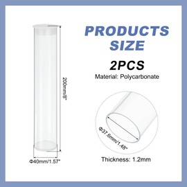 sourcing map Transparent Plastic Storage Tubes, 1 9/16" x 8"(40x200mm) Polycarbonate Clear Rigid Round Storage Tubing with Black Lid, 2 Set
