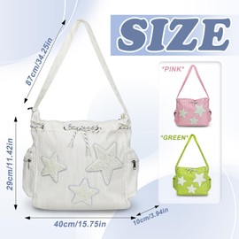 FuninCrea Women's Shoulder Bag, Pentagram Decorated, Large Tote Bag with 3 Zip Pockets, Large Capacity Corduroy Bags with Zip and Drawstring for Shopping, Travel, White