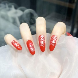 Cimenexe Pattern Press On Nails Red False Nails Almond Stick On Nails Oval Artificial Fingernails Shiny Fingernails Full Cover Acrylic Nails Medium False Nails for Women and Girls Pack of 24