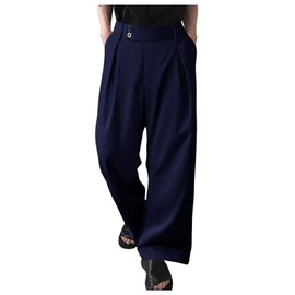 OYOANGLE Men's Pleated High Waist Wide Leg Pants Loose Fit Casual Pants with Pocket Dark Blue Medium