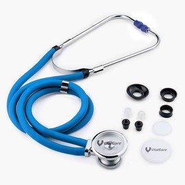 VitalCare Estetoscopio Profesional Multifuncional | Doble Campana y Manguera de Silicón | Incluye 3 Campanas y Accesorios (Azul)