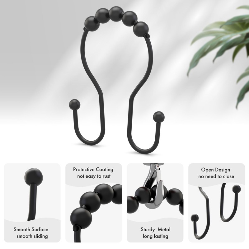 AmazerBath 12Pcs Black Metal Double Shower Hooks, Shower Curtain Rings,