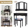 Black Tri Folding Mirrored Vanity Makeup Table Stool Set Bedroom