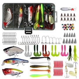 Spotlip 119pcs Fishing Lures Kit Including Topwater Baits,Soft Lure,VIB, Popper,Spoon, Hooks, Weights & Other Accessories, Fishing Bait Lure Gear Kit Gift for Men with Tackle Box