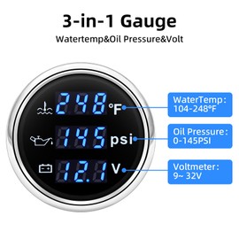 ARTILAURA Triple Gauge Set 3in1 (Oil Pressure+ Water Temperature + Voltmeter) 2" 52mm Blue Backlight AUTO Boat Gauge Kit with Sensor (Black and Silver)